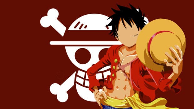 A digital art of Monkey D Luffy holding a straw hat against a pirate skull flag, 4K Desktop Wallpaper