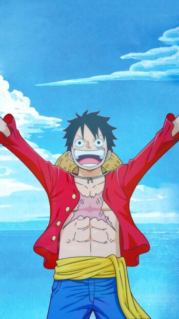 Monkey D Luffy is smiling with arms raised under a bright blue sky, HD Phone Wallpaper