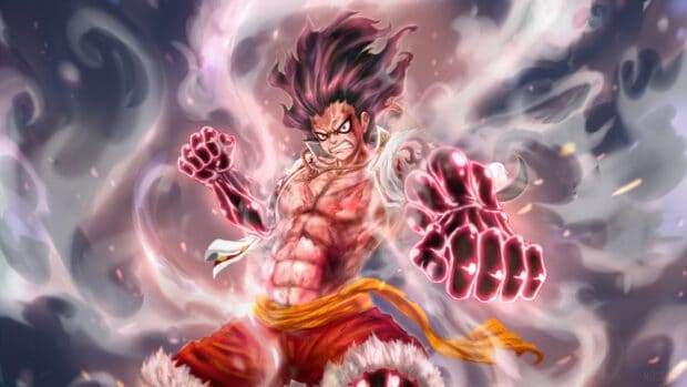 Monkey D Luffy is shown in a powerful Gear Fourth attack stance surrounded by smoke and energy, 4K Desktop Wallpaper