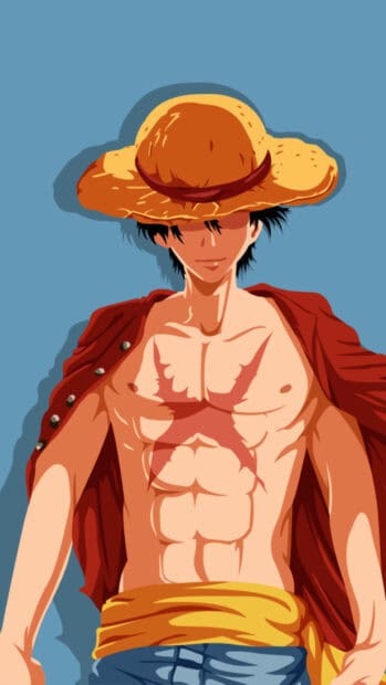 Monkey D Luffy is standing with a red jacket and yellow sash on a blue background, HD Phone Wallpaper