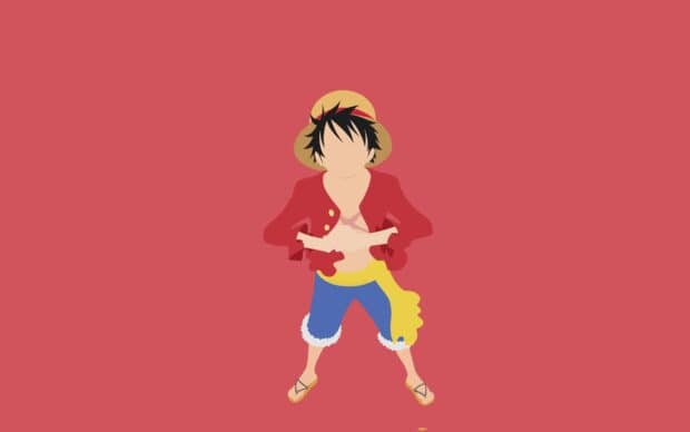 Monkey D Luffy is standing with his hands ready for action against a red background, 2K Desktop Wallpaper