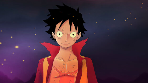 Monkey D Luffy stands with a determined expression against a dark background, 4K Desktop Wallpaper