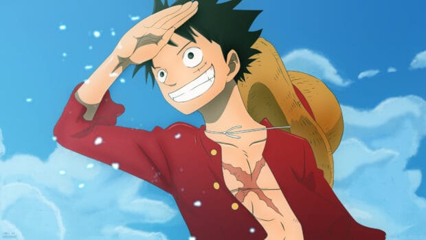 Monkey D Luffy looks happy with his straw hat and scars under the bright blue sky, HD Desktop Wallpaper