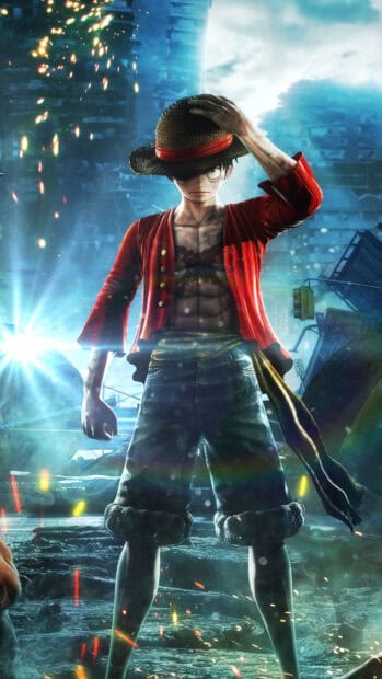 Monkey D Luffy stands determined with his straw hat in a ruined city, 4K Phone Wallpaper