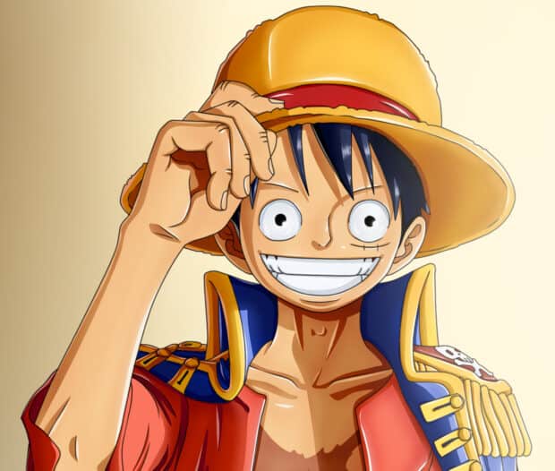 A close up of Monkey D Luffy tipping his hat with a big smile on his face, HD Desktop Wallpaper