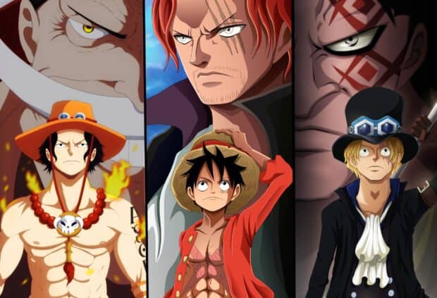 Monkey D Luffy stands determined with Ace and Sabo in the background, 2K Desktop Wallpaper