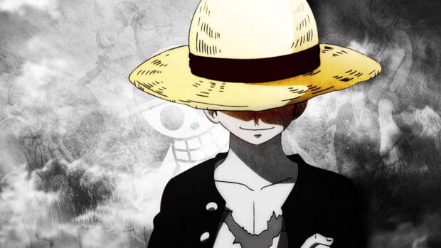 Monkey D Luffy stands confidently wearing a straw hat and black jacket, HD Desktop Wallpaper