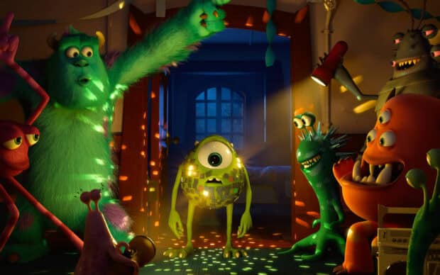 A group of monsters enjoys a disco themed party with colorful lights and joyful expressions in Pixar Wallpapers, 2K Desktop Wallpaper