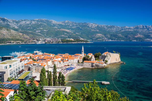 A beautiful coastal town in Montenegro with mountains in the background, HD Desktop Wallpaper