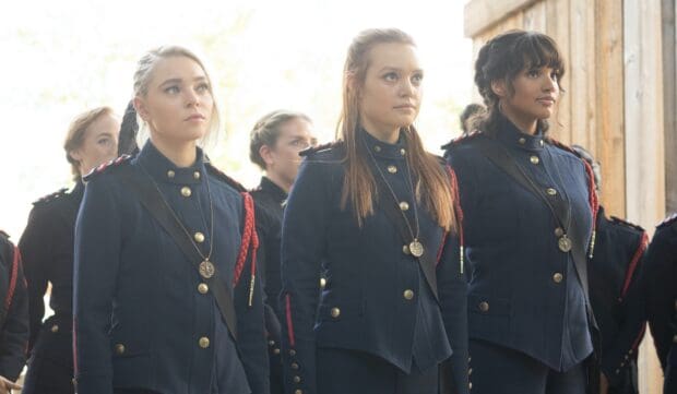 Three women dressed in military uniforms from Motherland Fort Salem Tv Series stand together, HD Desktop Wallpaper