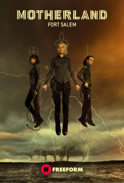 Three characters from Motherland Fort Salem series floating with magical energy, 2K Desktop Wallpaper