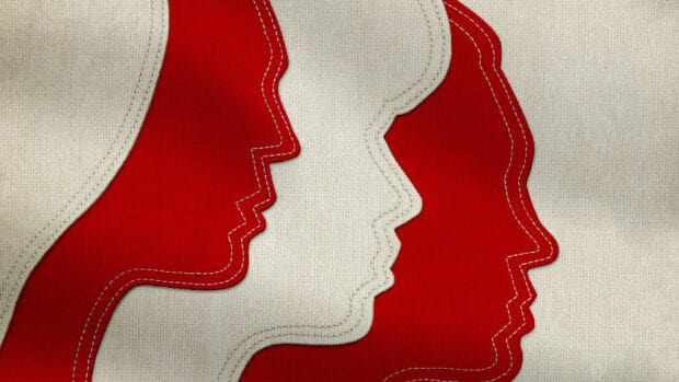 Abstract face art in red and white tones related to Motherland Fort Salem Tv Series, HD Desktop Wallpaper