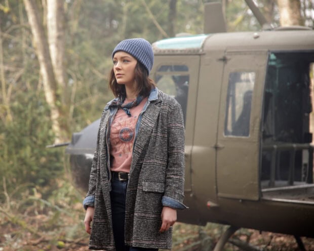 A woman stands near a helicopter in the forest in Motherland Fort Salem Tv Series, 2K Desktop Wallpaper