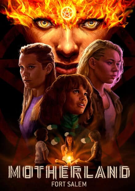 The main characters of Motherland Fort Salem tv series pose with a fiery symbol above them, 2K Mobile Wallpaper