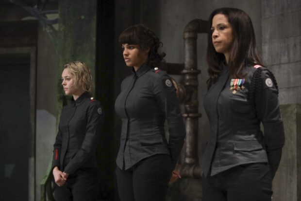 Three women stand in uniform from Motherland Fort Salem tv series, 2K Desktop Wallpaper