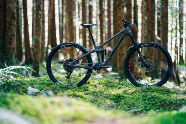 A mountain bike is standing on green moss with trees in the background showing Transition Bikes, HD Desktop Wallpaper