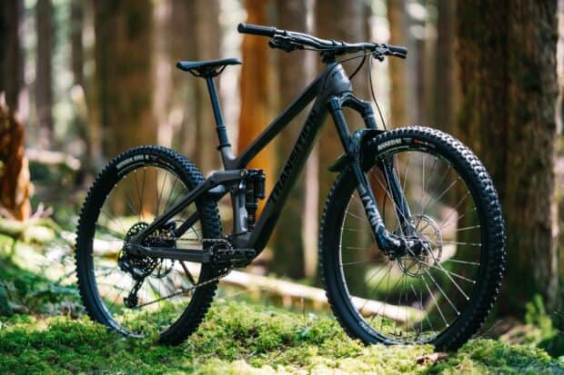 A sleek Transition bike stands on green moss in a dense forest setting, 2K Desktop Wallpaper