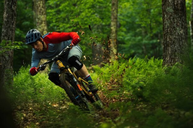 A man is riding a mountain bike aggressively through a forest trail covered with leaves and greenery, 2K Desktop Wallpaper
