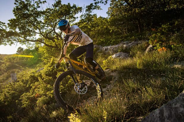 A person rides a Transition bike on a challenging forest trail during sunset, 2K Desktop Wallpaper