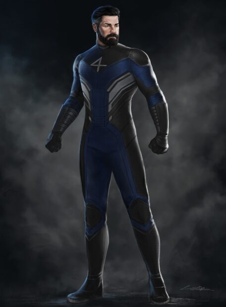 A strong and confident man wearing Mr Fantastic suit stands against a dark smoky background, 2K Desktop Wallpaper