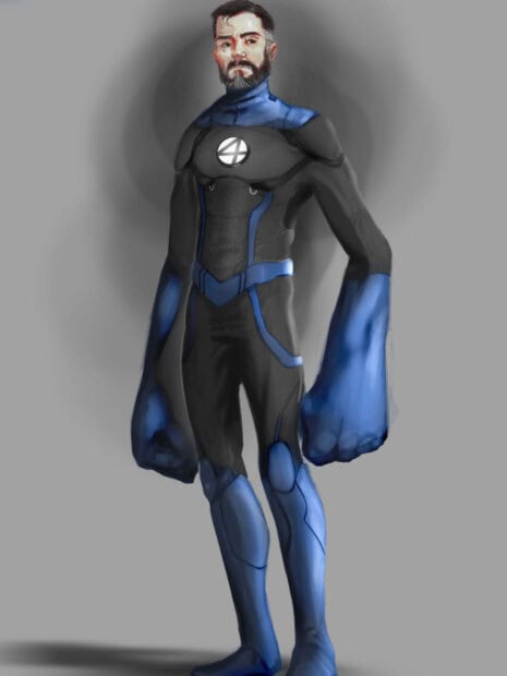 A digital painting of Mr Fantastic wearing a blue and black suit with stretched hands on a gray background, HD Desktop Wallpaper