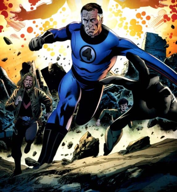 Mr Fantastic leads the team through a battle scene with debris flying, HD Desktop Wallpaper