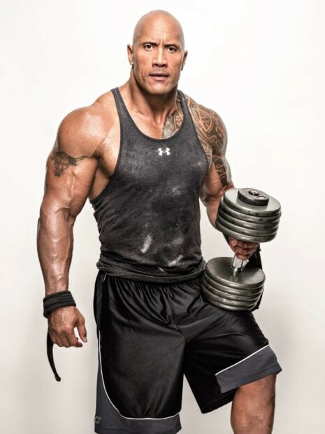 Dwayne Johnson is lifting a heavy dumbbell wearing workout clothes during training, HD Mobile Wallpaper