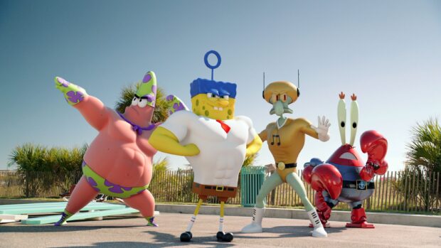 SpongeBob and Squidward with friends striking confident poses outdoors, 2K Desktop Wallpaper