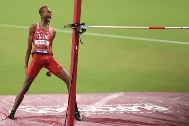 Mutaz Essa Barshim celebrates his high jump success at the Doha 2019 World Championships, HD Desktop Wallpaper