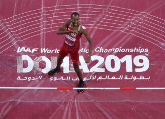 Mutaz Essa Barshim celebrates after a high jump at Doha 2019 event, HD Desktop Wallpaper