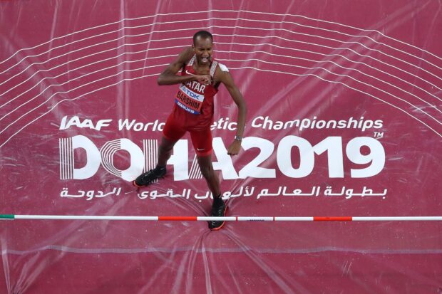 Mutaz Essa Barshim celebrates after a high jump at Doha 2019 event, HD Desktop Wallpaper