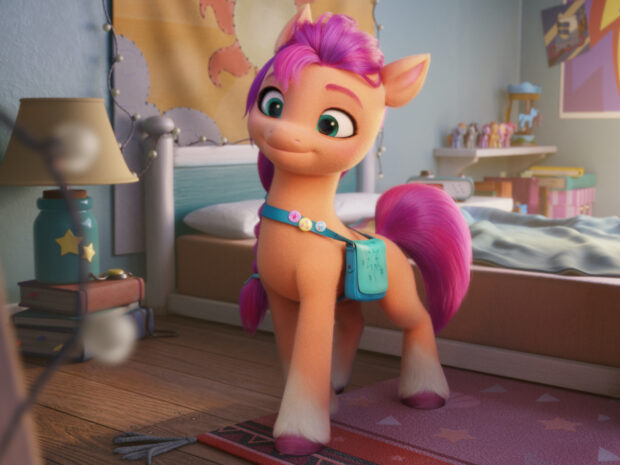 A colorful pony with a small bag standing in a cozy bedroom, HD Desktop Wallpaper
