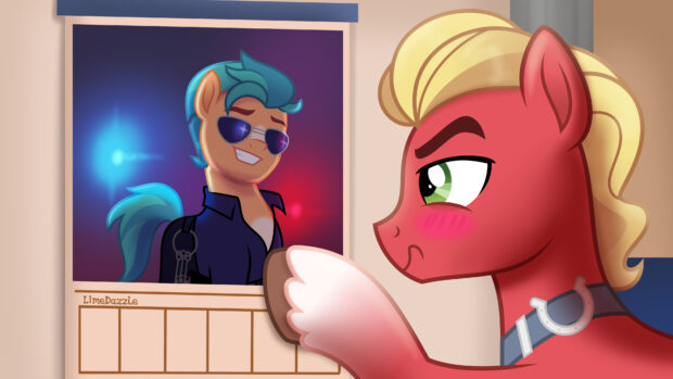 A red pony blushes while looking at a photo of a smiling pony, 4K Desktop Wallpaper