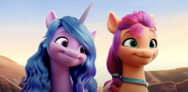 Two colorful ponies smiling in a scenic sunset view featuring My Little Pony A New Generation, HD Desktop Wallpaper