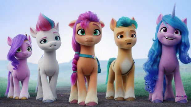 Five colorful My Little Pony A New Generation characters standing on a path outdoors, 4K Desktop Wallpaper