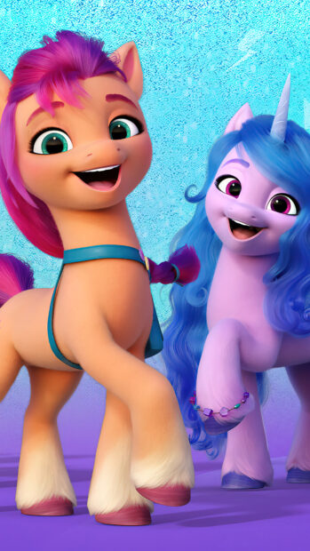 Two My Little Pony A New Generation characters smiling happily on a colorful textured background, 4K Mobile Wallpaper