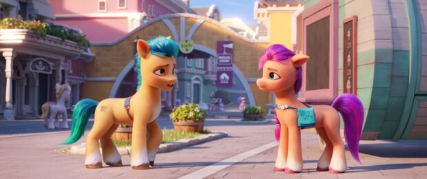 Two My Little Pony A New Generation characters stand facing each other in a colorful town, 2K Desktop Wallpaper