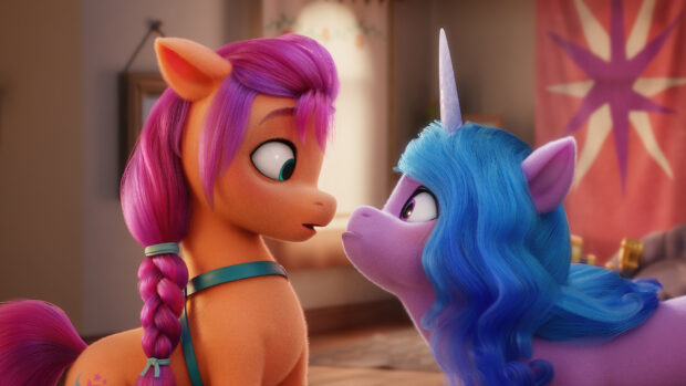 Two ponies from My Little Pony A New Generation facing each other inside a room, 4K Desktop Wallpaper