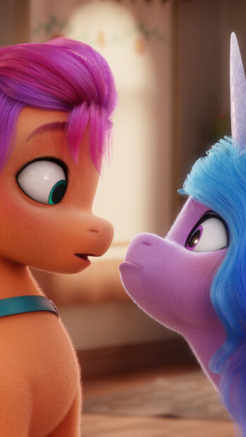 Two My Little Pony A New Generation characters face each other closely in a warm room, HD Mobile Wallpaper