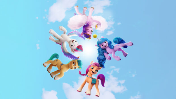 My Little Pony A New Generation characters flying happily in a circle under bright blue sky, 4K Desktop Wallpaper