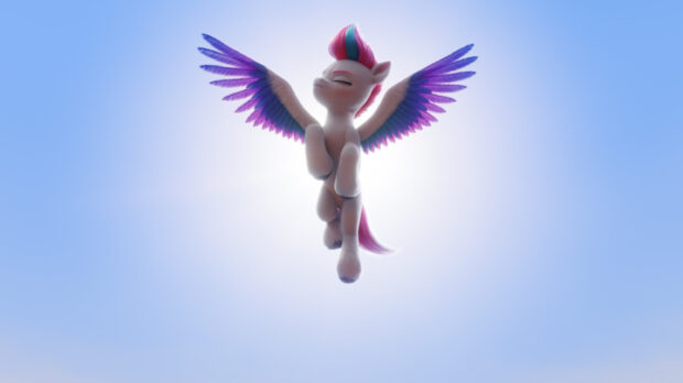 A colorful flying pony with large wings soars against a bright blue sky in My Little Pony A New Generation, 2K Desktop Wallpaper