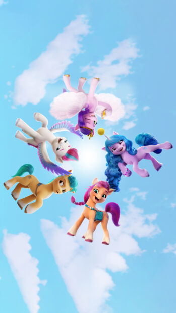 The My Little Pony A New Generation characters fly joyfully against a bright blue sky with clouds, 4K Phone Wallpaper