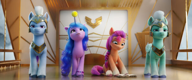 The My Little Pony A New Generation characters stand in a majestic room with one pony reading a book, 2K Desktop Wallpaper