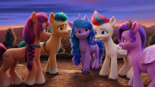 The My Little Pony characters stand together in a colorful sunset setting, HD Desktop Wallpaper