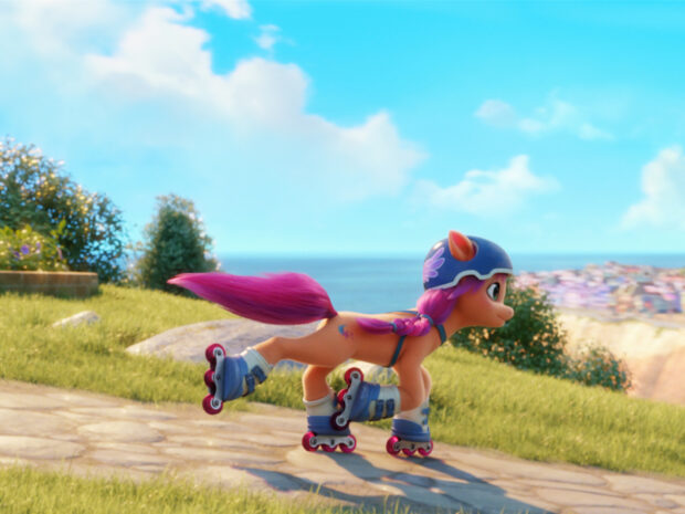 A My Little Pony character roller skating near the ocean on a sunny day, HD Desktop Wallpaper