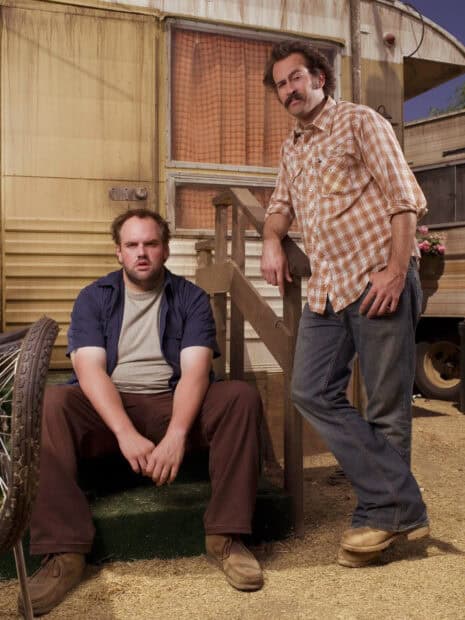 Two men from My Name Is Earl are standing and sitting outside a trailer, HD Desktop Wallpaper