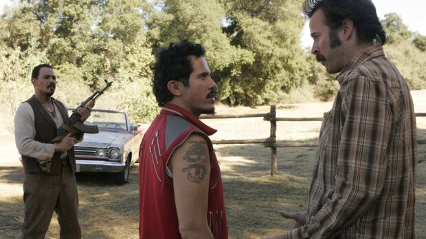 Two men face each other while another man holds a gun nearby in a scene from My Name Is Earl Tv Series, HD Desktop Wallpaper