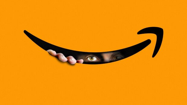 A pair of eyes peeks through the curved Amazon arrow on an orange background representing Amazon wallpapers, HD Desktop Wallpaper
