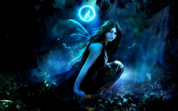 A faerie with glowing wings is crouching in a mystical forest under a bright full moon, HD Desktop Wallpaper