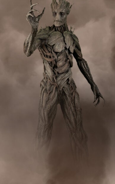 Groot Wallpapers standing in a foggy environment with detailed wooden body, HD Phone Wallpaper